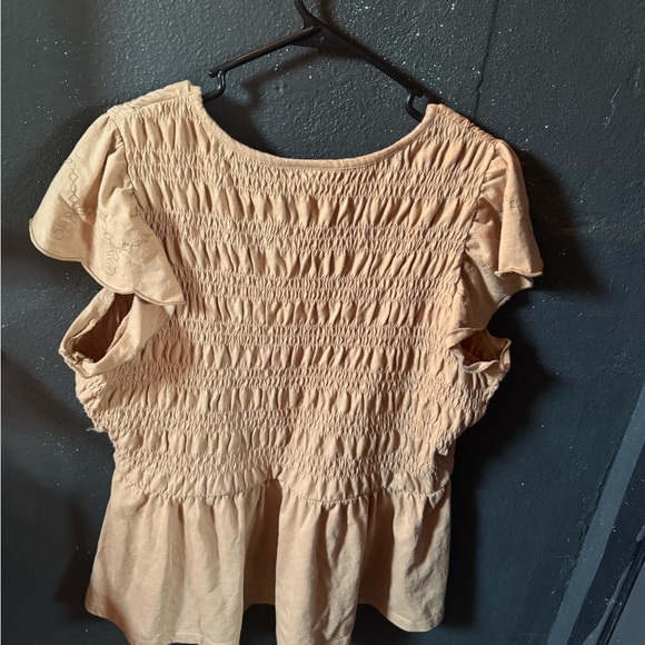 Lane Bryant Tan Short Sleeve Smocked Blouse - Picture 4 of 5